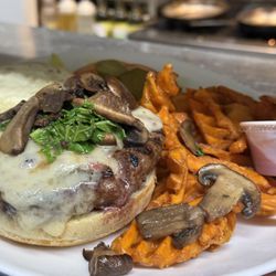Sage & Salt - Mushroom and Kale burger with sweet potato fries