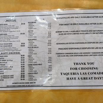 Taqueria Las Comadres - Menu. Page 1 of 2. Bowls, Soft Drinks, Sides. - Mexican Near Me - Oakland, California Taqueria Las Comadres - Menu. Page 1 of 2. Bowls, Soft Drinks, Sides. - Mexican Near Me - Oakland, California