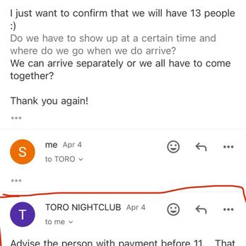 TORO - Screenshot of TORO staff saying to show up before 11 on April 4th. - Bars Near Me - San Diego, California TORO - Screenshot of TORO staff saying to show up before 11 on April 4th. - Bars Near Me - San Diego, California