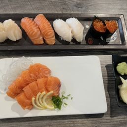 Hokkaido Scallop Nigiri, Salmon Nigiri, Ikura Nigiri, Salmon Sashimi