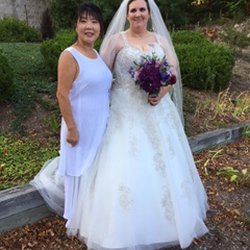 Kim of Q Cleaner & Tailor with happy bride wedding dress alteration customer (helped 'bride to be' after Alfred Angelo wedding store closed)