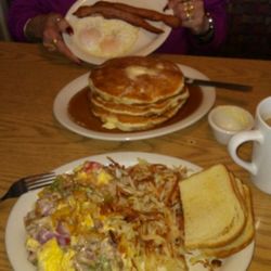 Halfway Cafe - Our breakfast.. 3 HUGE pancakes... chicken fried steak scramble.. soooo good!