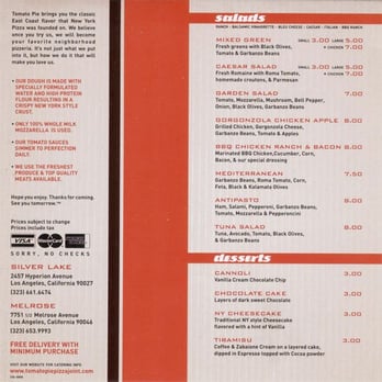 Tomato Pie Pizza Joint - Menu as of 9/26/09 - Pizza Near Me - Silver Lake, California Tomato Pie Pizza Joint - Menu as of 9/26/09 - Pizza Near Me - Silver Lake, California