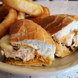 a chicken sandwich and onion rings a chicken sandwich and onion rings