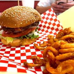 Mom's Burgers & Wings - bacon burger and curls fries