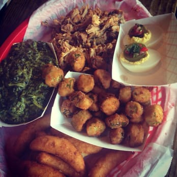 The Original Q Shack - Pork Butt, spinach, okra, and amazing jalapeño topped deviled eggs! - Barbeque Near Me - Durham, North Carolina
