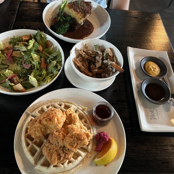 The Plot - Chickën and waffles, Caesar salad, truffle fries and meatless loaf - Vegan Near Me - Oceanside, California The Plot - Chickën and waffles, Caesar salad, truffle fries and meatless loaf - Vegan Near Me - Oceanside, California
