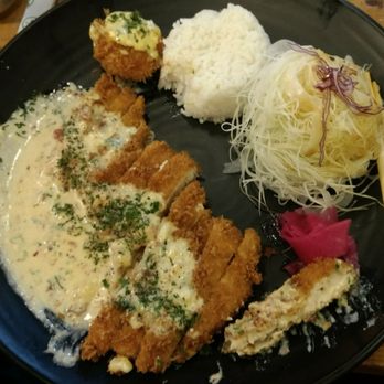 Katsuya - Chicken Carbonara Katsu. One crab meat croquette is by the rice. - Japanese Near Me - Toronto, Ontario