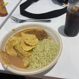 Burrito bowl Barbacoa Cilantro lime rice Refried beans Chips