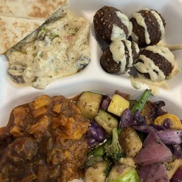 Falafel Platter with Pasta, Sweet Potatoes, and Veggies