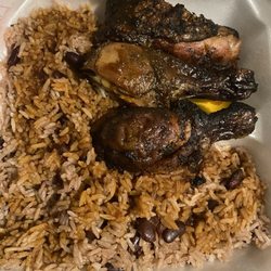 Island Pan - Jerk chicken with rice and peas.