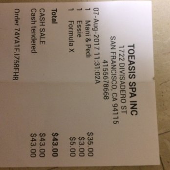 Toe-Asis Spa - I was cheated eight dollars for something I didn't even want here is the receipt I never even got the nail polish - Reflexology Near Me - San Francisco, California Toe-Asis Spa - I was cheated eight dollars for something I didn't even want here is the receipt I never even got the nail polish - Reflexology Near Me - San Francisco, California