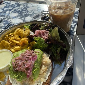 Lakou Cafe - The Ultimate Avocado Toast w/ Side Salad and Chips (Vegan Option Available) (w/ salt fish) Latte (w/caramel ) $17 - Vegan Near Me - Brooklyn, New York Lakou Cafe - The Ultimate Avocado Toast w/ Side Salad and Chips (Vegan Option Available) (w/ salt fish) Latte (w/caramel ) $17 - Vegan Near Me - Brooklyn, New York