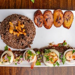 Havana Kiss Cuban Cafe & Restaurant - Mar y Tierra; Skirt Steak with Shrimp on top