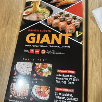 Giant Ramen and Sushi - Front of the menu - Ramen Near Me - Fullerton, California