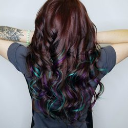 Salon Taboo - Gorgeous chocolate cherry color and extensions with teal and violet accents