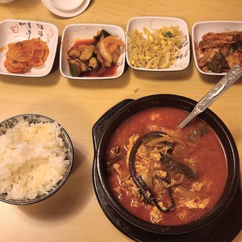 Kimchi Factory - Yukgaejang with rice and side dishes (zucchini, pickled bean sprouts, kimchi, etc.) - Korean Near Me - Macon, Georgia