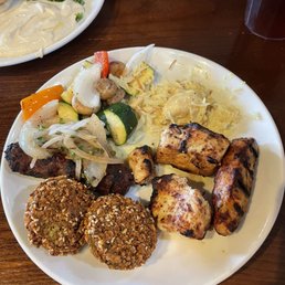 1st plate.  chicken Kafta at side 3 o'clock, Safran chicken at 1 o'clock.