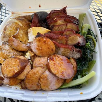 New Duong Son BBQ - BBQ pork, rooster, and sausage combo over rice with veggies as side - Barbeque Near Me - Westminster, California New Duong Son BBQ - BBQ pork, rooster, and sausage combo over rice with veggies as side - Barbeque Near Me - Westminster, California