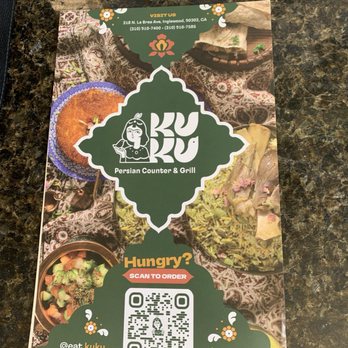 Kuku Cafe - Menu front with QR code for menu- kabobs and more - Middle Eastern Near Me - Inglewood, California Kuku Cafe - Menu front with QR code for menu- kabobs and more - Middle Eastern Near Me - Inglewood, California