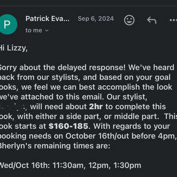Patrick Evan Hair Salon - The email confirming how long the appt would be and when I would be done. - Hair Stylists Near Me - San Francisco, California