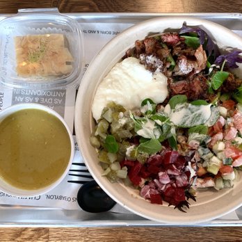 SAJJ Mediterranean - Chicken shawarma salad with garlic spread - Mediterranean Near Me - San Mateo, California SAJJ Mediterranean - Chicken shawarma salad with garlic spread - Mediterranean Near Me - San Mateo, California
