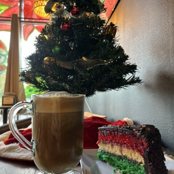 Coffee Latitudes - Almond milk hot latte and Rainbow Cake - Coffee & Tea Near Me - Tampa, Florida Coffee Latitudes - Almond milk hot latte and Rainbow Cake - Coffee & Tea Near Me - Tampa, Florida