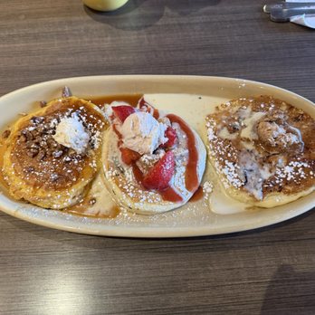 Snooze, an A.M. Eatery - I call it the pancake sampler. Sweet potato, strawberry shortcake, and pineapple upside down pancake. They all were delicious! - Breakfast & Brunch Near Me - San Antonio, Texas Snooze, an A.M. Eatery - I call it the pancake sampler. Sweet potato, strawberry shortcake, and pineapple upside down pancake. They all were delicious! - Breakfast & Brunch Near Me - San Antonio, Texas