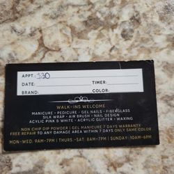 VN Nails - Gift card with $30 written on it.