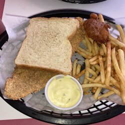 TC Mae's Family Diner - Catfish sandwich with homemade tartar sauce, hush puppy, and fries