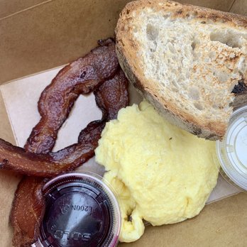 Plein Air Cafe & Eatery - Two 2 Eggs Any Style Breakfast with sourdough toast and bacon - Cafes Near Me - Chicago, Illinois