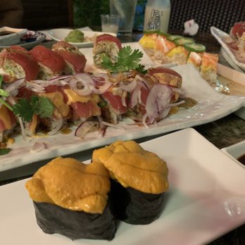 Sake Sushi & Grill - The Tatiki roll and some UNI, on the far too right hiding is the paradise roll - Sushi Bars Near Me - Placentia, California