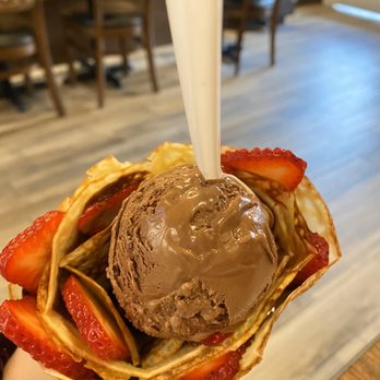 T Swirl Crepe - Strawberry Nutella Crepe with chocolate gelato - Creperies Near Me - Haddonfield, New Jersey T Swirl Crepe - Strawberry Nutella Crepe with chocolate gelato - Creperies Near Me - Haddonfield, New Jersey
