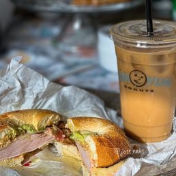 Turkey bacon avocado bagel and caramel iced coffee Turkey bacon avocado bagel and caramel iced coffee