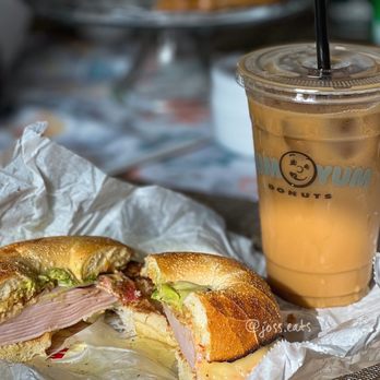 Yum Yum Donuts - Turkey bacon avocado bagel and caramel iced coffee - Donuts Near Me - Norco, California Yum Yum Donuts - Turkey bacon avocado bagel and caramel iced coffee - Donuts Near Me - Norco, California
