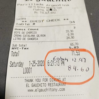 El Gauchito - El Gauchito's receipt. - Steakhouses Near Me - Fresh Meadows, New York El Gauchito - El Gauchito's receipt. - Steakhouses Near Me - Fresh Meadows, New York