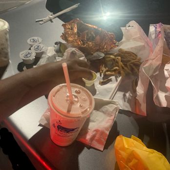 Dick's Drive-In - Enjoying our late night meal (fries, tartar sauce, deluxe burger, cheeseburgers, lemonade, and a strawberry shake) - Fast Food Near Me - Federal Way, Washington
