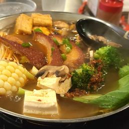 Vegetarian soup with pork added (I wanted more veggies) and satay broth