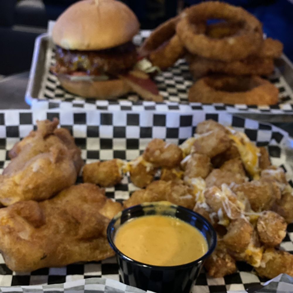 Garage Grill - Halibut & tots; I asked for loaded tots so they sprinkled cheese and added queso (tastes like Totino's) - New American Near Me - Draper, Utah