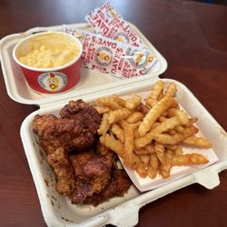 BBQ Spicy Bites, fries, and Mac & Cheese