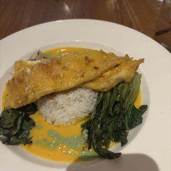 Bistro Roca - Feature of the night - Tempura flounder with bok choy, jasmine rice, and an incredible carrot curry sauce - Bars Near Me - Blowing Rock, North Carolina
