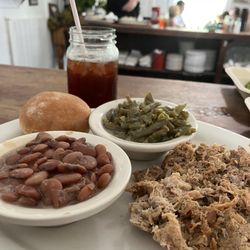 The Whistle Stop Cafe - Bennett's bbq, speckled butter beans, green beans and a roll. Sweet iced tea in the back