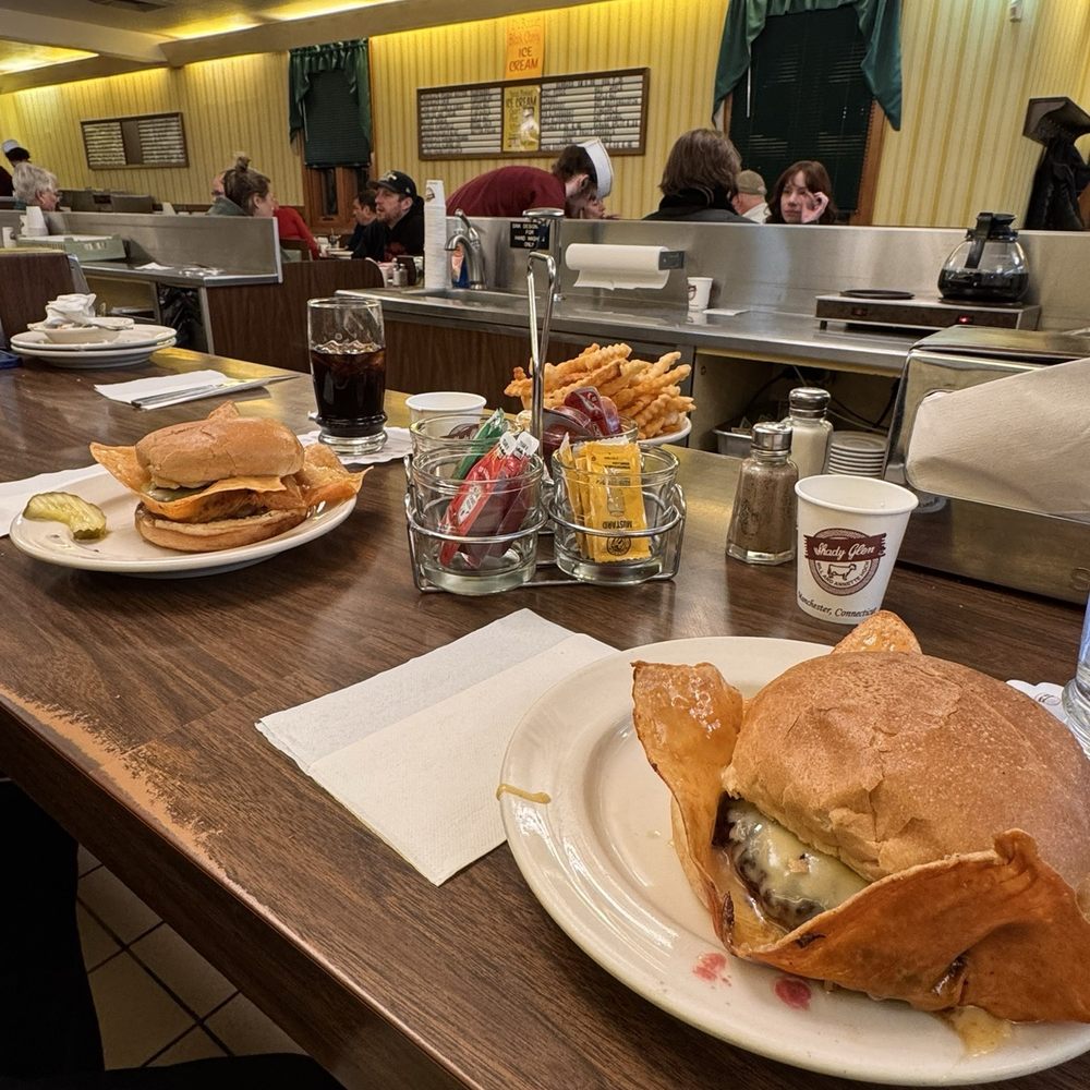 Shady Glen - The Shady Glen Cheeseburger (sitting at the counter). - Burgers Near Me - Manchester, Connecticut Shady Glen - The Shady Glen Cheeseburger (sitting at the counter). - Burgers Near Me - Manchester, Connecticut