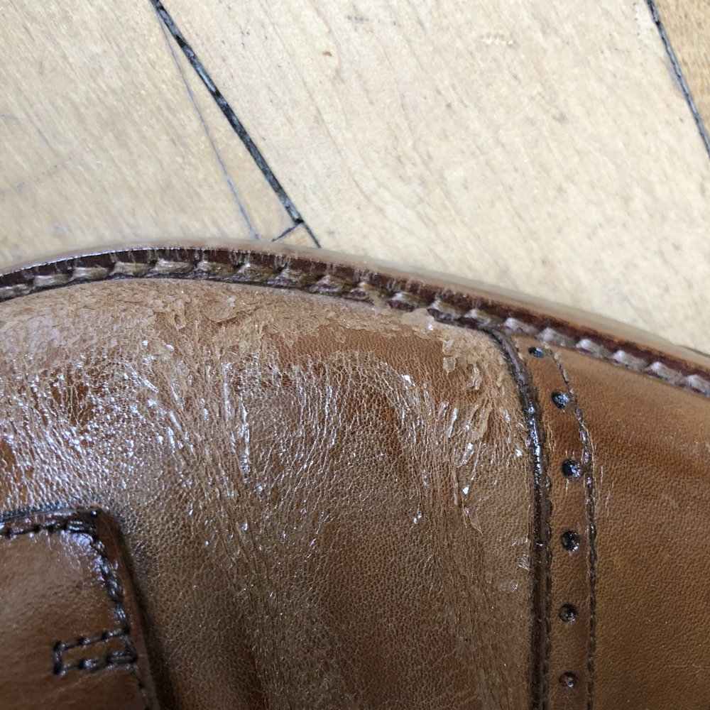 Came in for a small repair, and now both shoes are now peeling like a sunburn. Came in for a small repair, and now both shoes are now peeling like a sunburn.