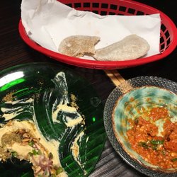 Zizinia - Humus with mustard sprouts and a roasted pepper dip. Fantastic