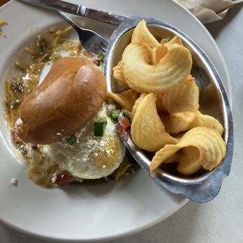Burnt Toast - Open faced burger smothered and fried egg added for $2. Wavy fries were perfectly salted and fried properly!! - Breakfast & Brunch Near Me - Colorado Springs, Colorado Burnt Toast - Open faced burger smothered and fried egg added for $2. Wavy fries were perfectly salted and fried properly!! - Breakfast & Brunch Near Me - Colorado Springs, Colorado