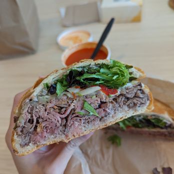 Bon Fresco - London Broil Sandwich and Tomato Soup in the back - Bakeries Near Me - Rockville, Maryland Bon Fresco - London Broil Sandwich and Tomato Soup in the back - Bakeries Near Me - Rockville, Maryland