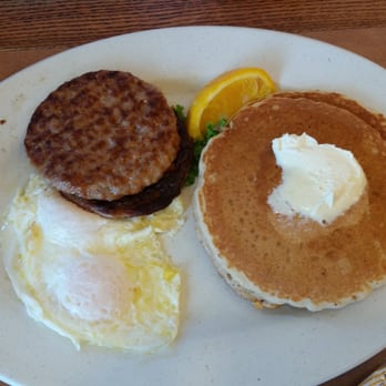 Farmer Boys - Hotcakes combo with sausage patties and over easy eggs - Burgers Near Me - Walnut, California