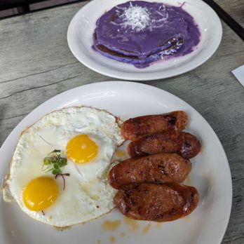 Aloha Stacks - Portuguese sausage and Ube pancakes with coconut. So worth it - Pancakes Near Me - Cerritos, California
