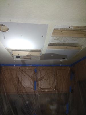 Replacing skylight with built-in LED lamps - The customer asked to replace the Skylight with recessed lights. The opening size is 8 sq.ft. I had to do some wiring, installed new joists to attach the drywall, installed the drywall, applied filler, sanded and prepped, applied texture to the entire surface of the kitchen ceiling and completely painted the entire ceiling. The project was completed in two days. Replacing skylight with built-in LED lamps - The customer asked to replace the Skylight with recessed lights. The opening size is 8 sq.ft. I had to do some wiring, installed new joists to attach the drywall, installed the drywall, applied filler, sanded and prepped, applied texture to the entire surface of the kitchen ceiling and completely painted the entire ceiling. The project was completed in two days.